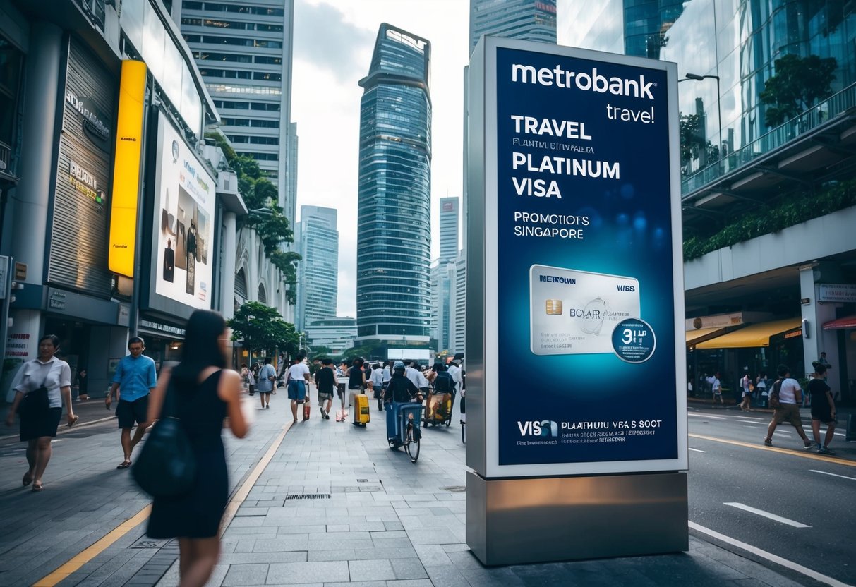 A bustling city street with a prominent Metrobank Travel Platinum Visa promotions billboard in Singapore