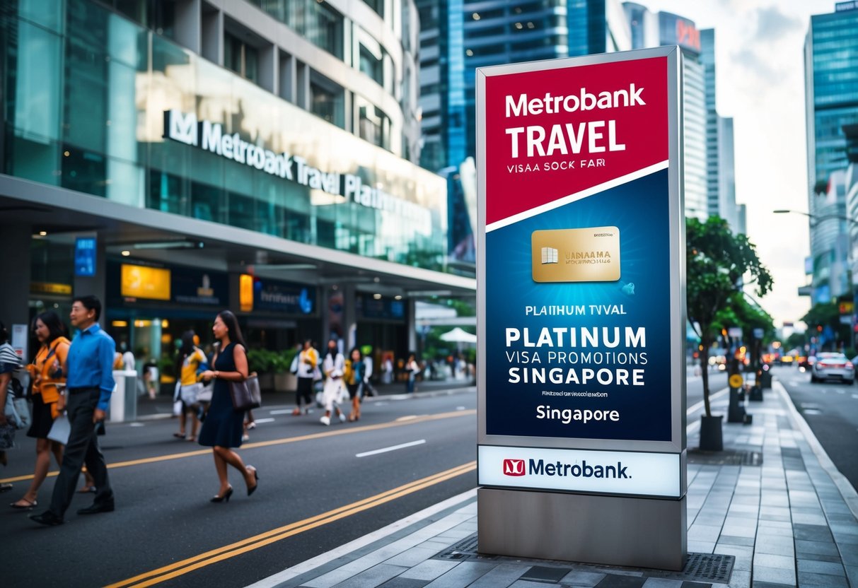 A bustling city street with a prominent metrobank travel platinum visa promotions billboard in Singapore