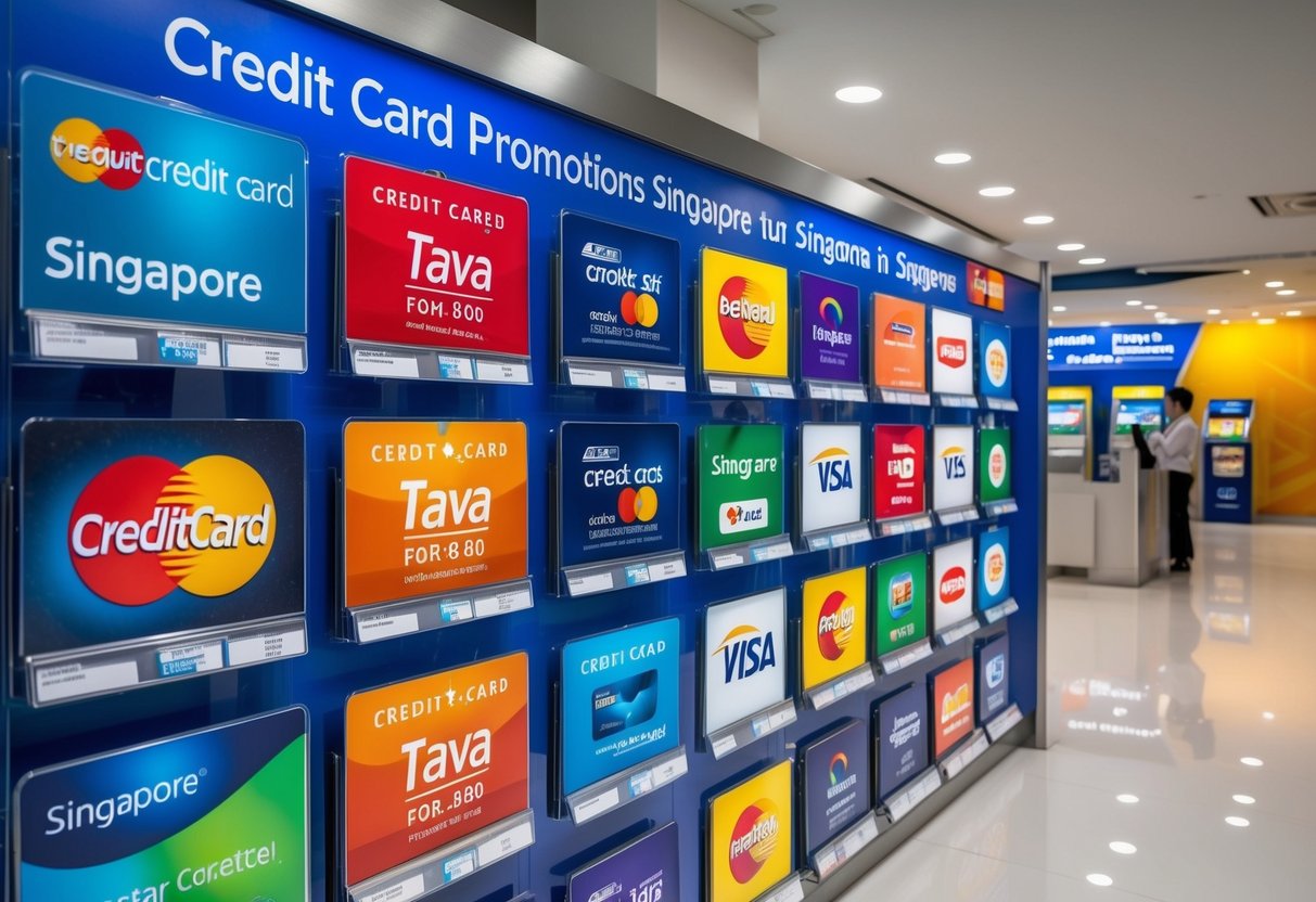 A colorful display of credit card promotions in Singapore, with various logos and offers showcased
