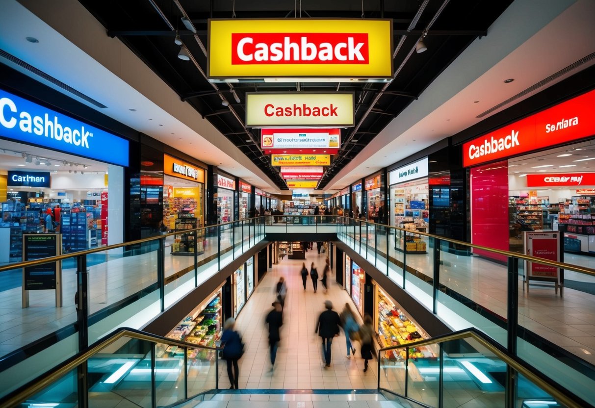 A vibrant and bustling shopping mall with various stores and cashback signs prominently displayed