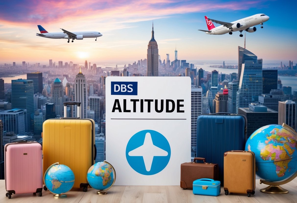 A vibrant cityscape with a prominent DBS Altitude Card in the foreground, surrounded by various travel-related icons such as airplanes, suitcases, and globes