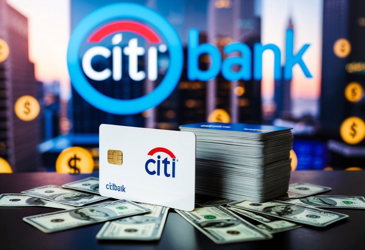 A vibrant cityscape with a prominent Citibank logo and a stack of credit cards, surrounded by money symbols and promotional banners