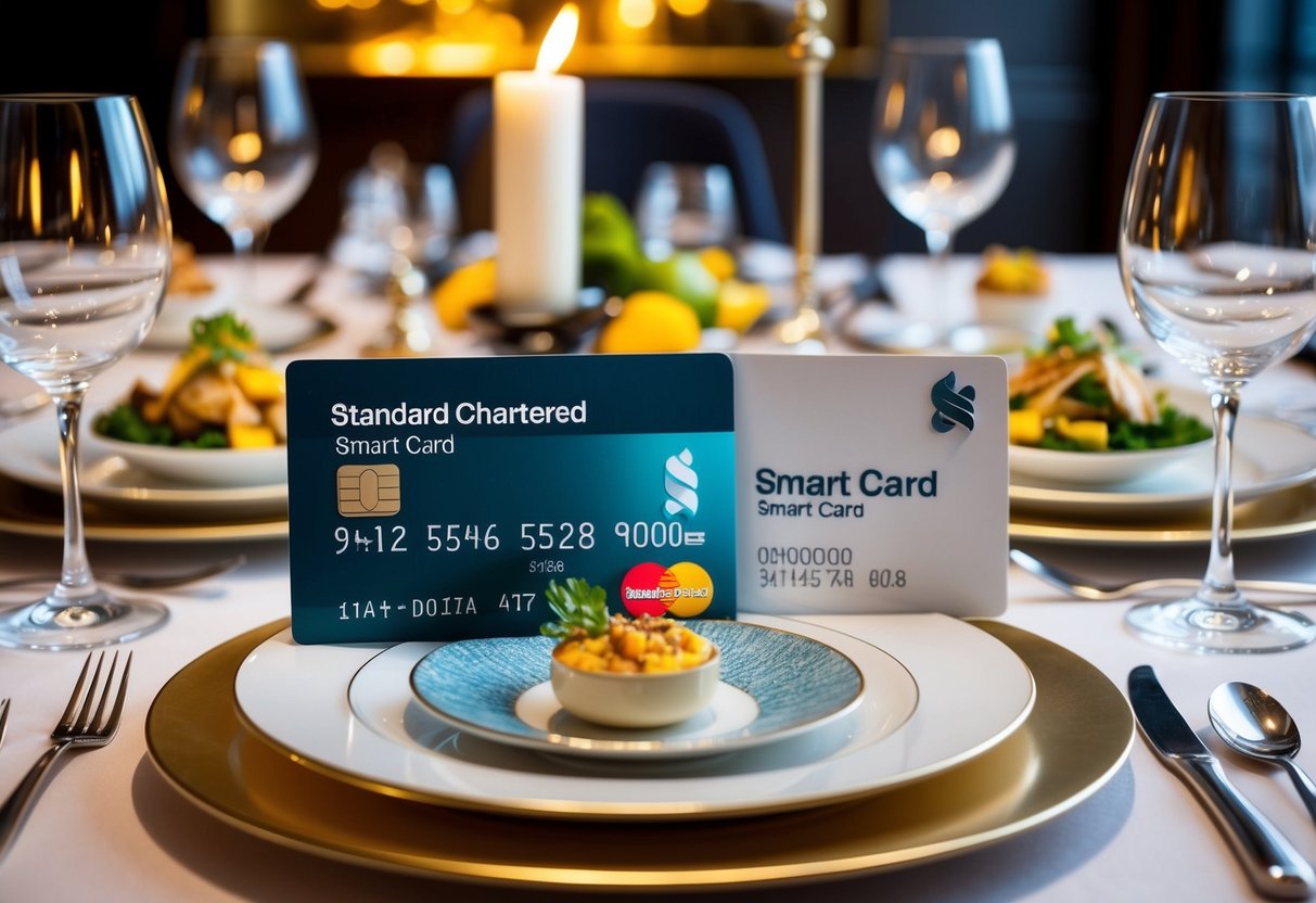 A luxurious dining setting with a Standard Chartered Smart Card displayed prominently alongside elegant dishes and fine dining decor
