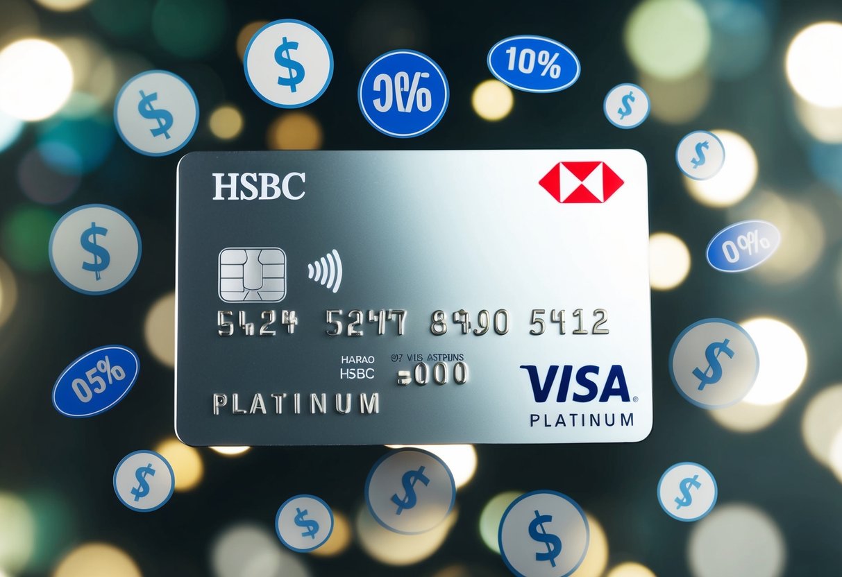 A shiny HSBC Visa Platinum card surrounded by various discount symbols and dollar signs
