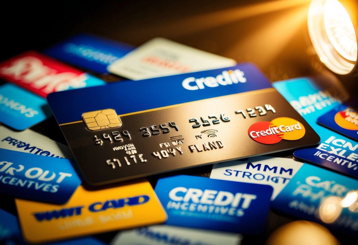 A credit card surrounded by various promotional offers and incentives, with a spotlight shining on it