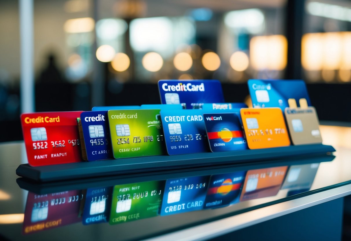 A vibrant display of various credit card options, each with distinct features and benefits, arranged neatly on a sleek, modern table