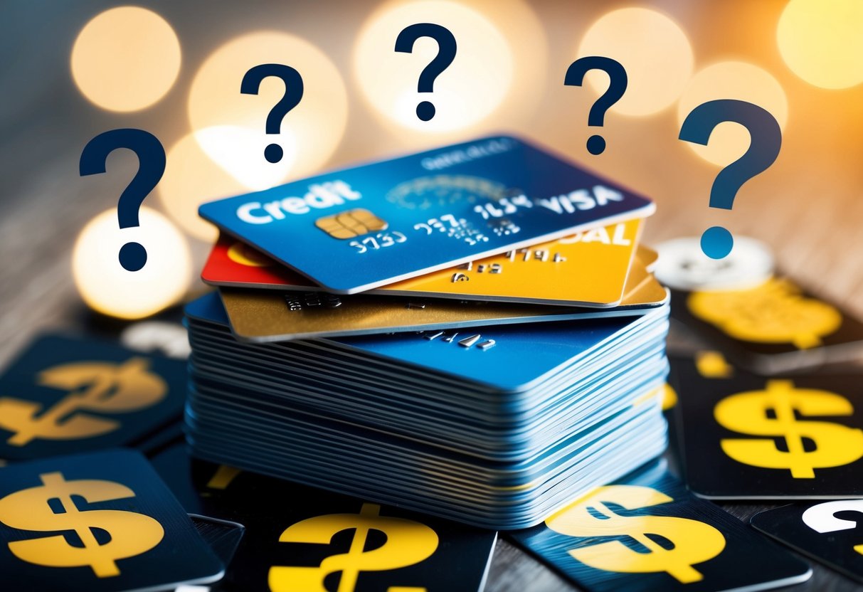 A stack of credit cards with promotional logos, surrounded by question marks and dollar signs