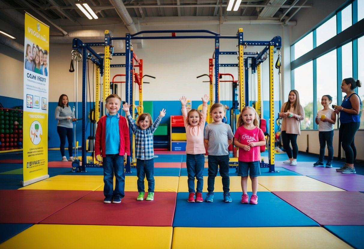 Colorful gym equipment surrounded by happy children and parents, with promotional banners and flyers displayed around the space