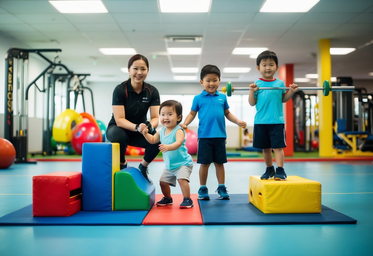 Children playing on colorful gym equipment in a bright, spacious room with a friendly instructor at My Gym in Singapore