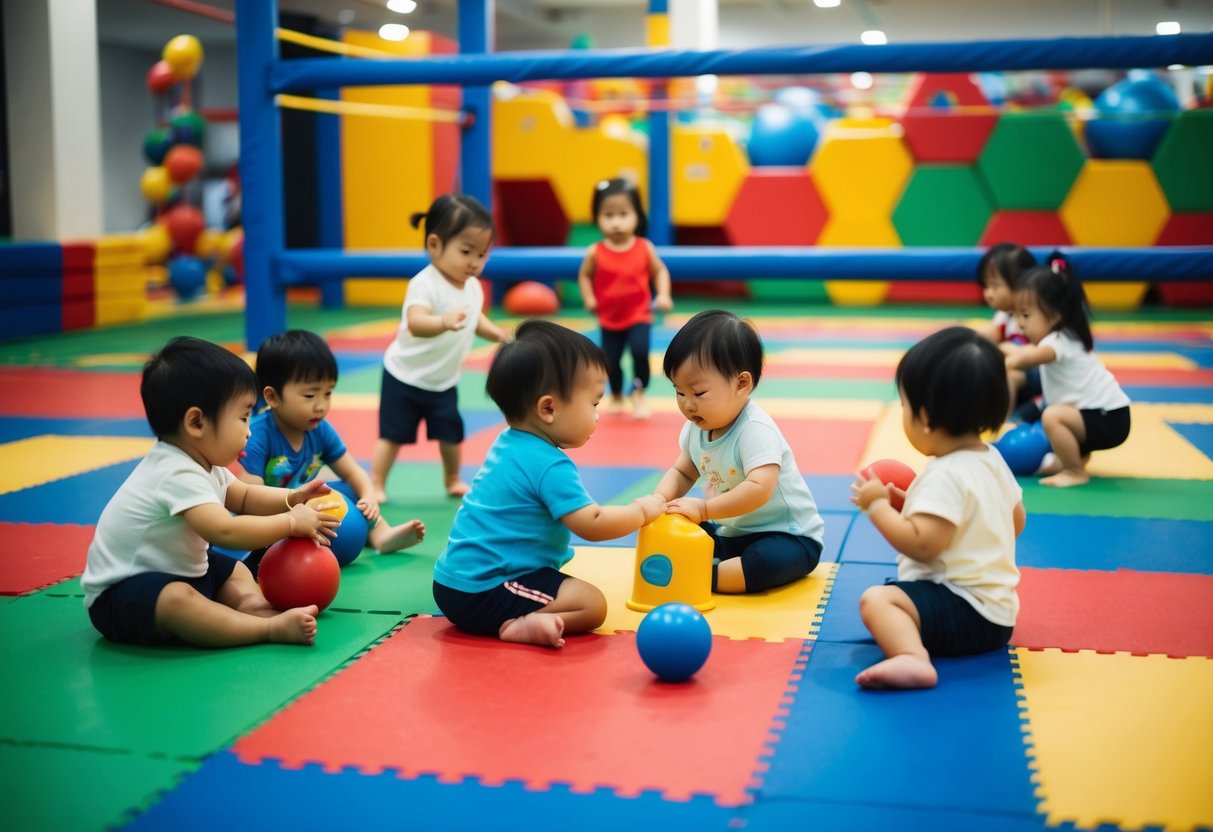 A group of toddlers engage in various physical activities and games at a colorful and vibrant children's gym in Singapore