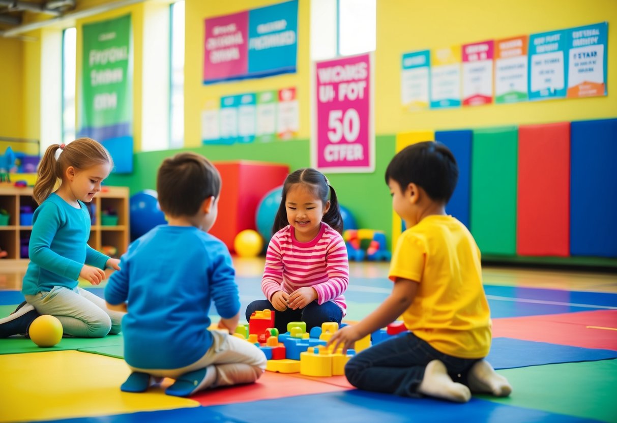 Children playing in a colorful, vibrant gym setting, surrounded by toys, equipment, and educational materials. Bright promotional banners and signs display the offer