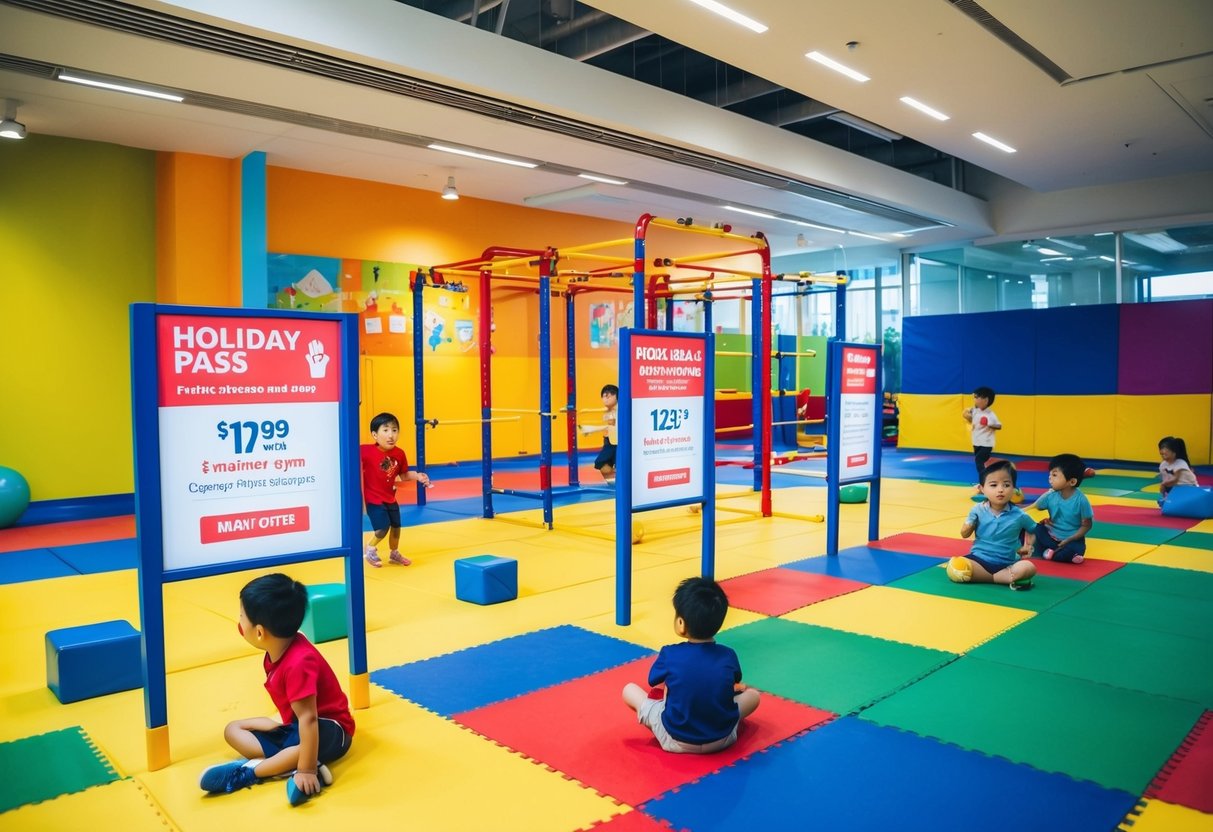 Children's gym promotions at Great World Centre, Singapore. Bright, colorful space with kids playing and learning. Holiday pass offer displayed