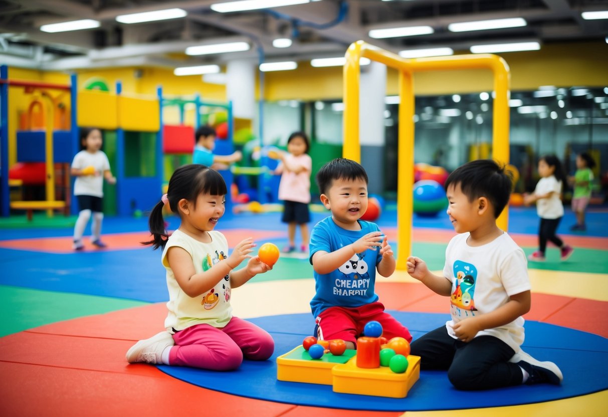Children engaging in fun and educational activities at a colorful and vibrant gym in Singapore, with a variety of equipment and play areas