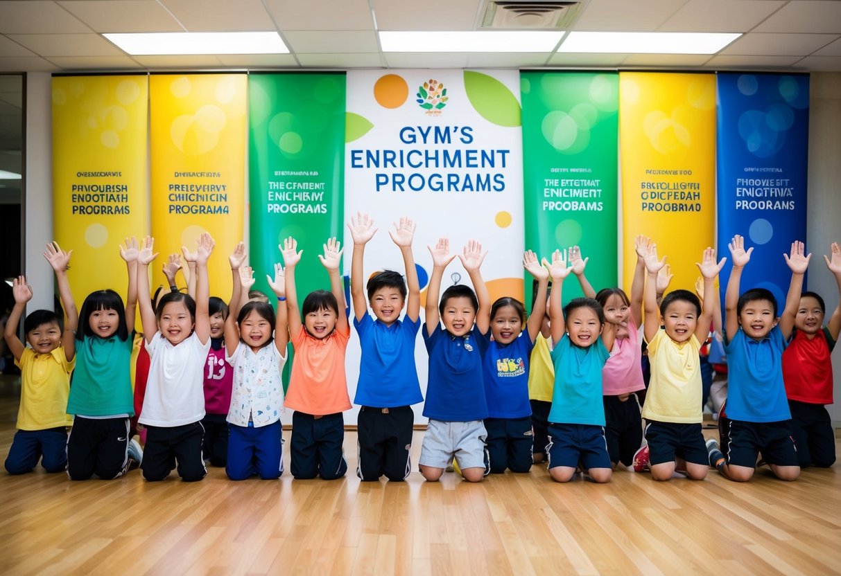 A group of children eagerly raising their hands, surrounded by colorful promotional banners for the gym's enrichment programs in Singapore