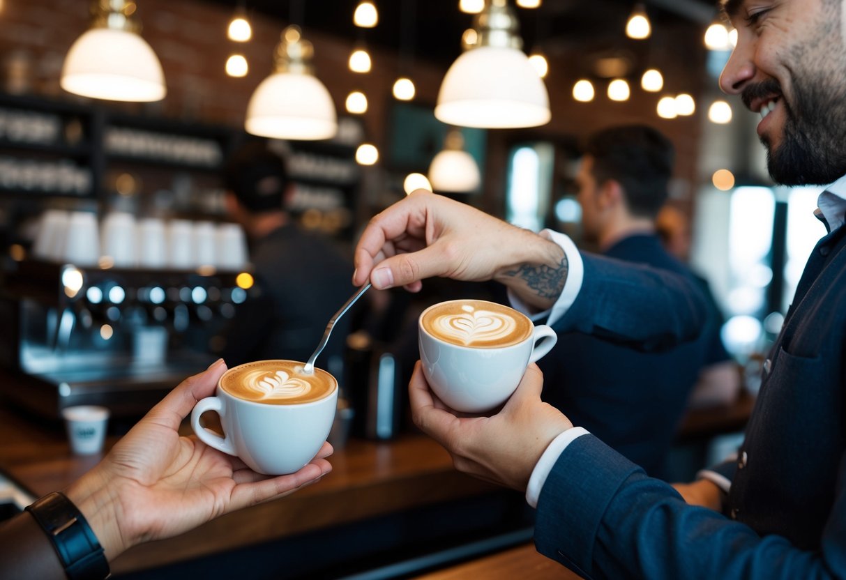 A barista hands a customer a second Oldtown White Coffee Latte for free at a bustling coffee shop