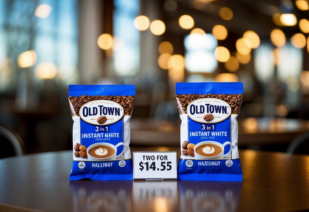 A table with two packets of Old Town 3 in 1 Instant White Coffee Hazelnut, a price tag showing "Two for $14.55," and the Old Town White Coffee logo