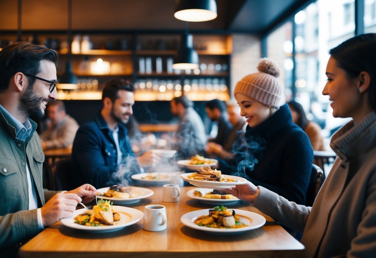 A bustling coffee shop with steaming plates of food being served to customers seated at cozy tables