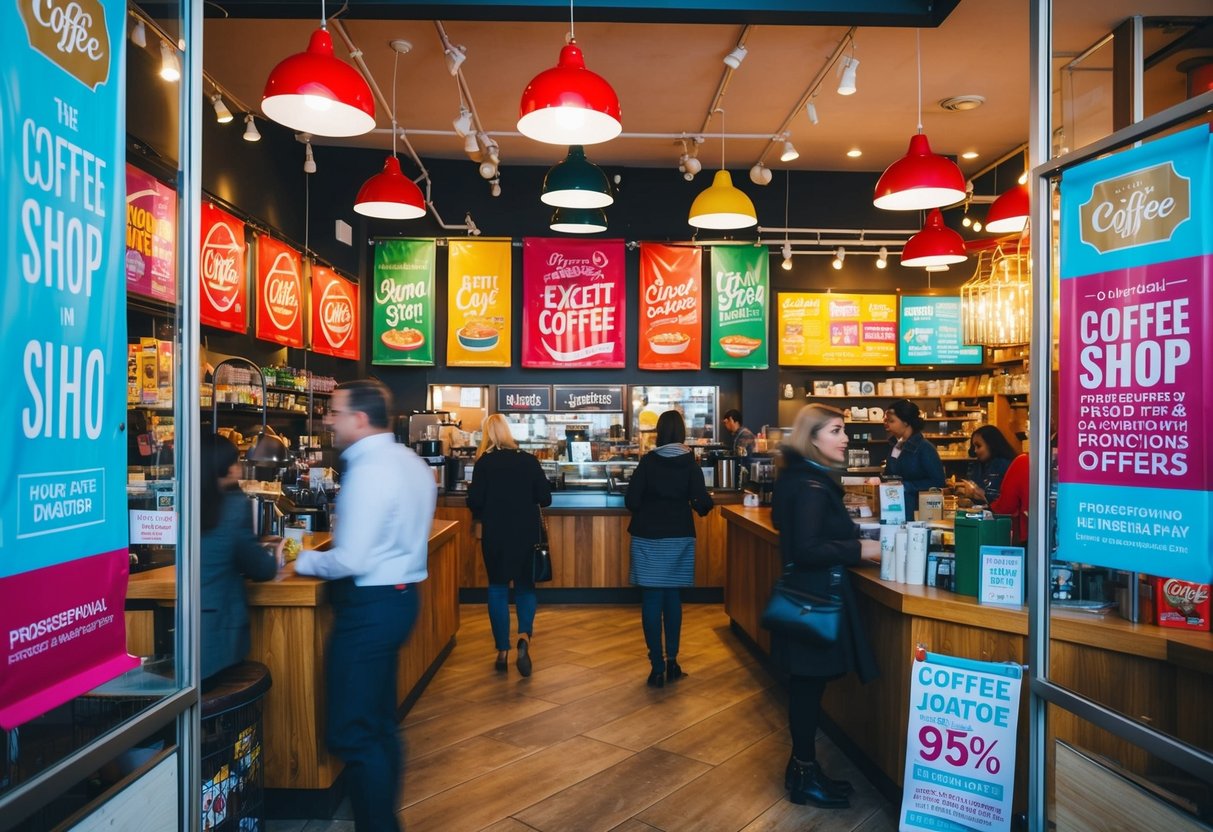 The busy coffee shop with vibrant banners and colorful displays showcasing exciting promotions and offers