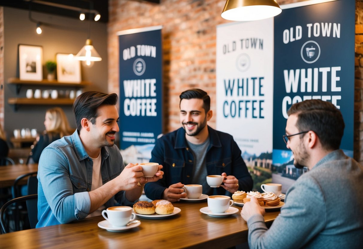 Customers enjoying coffee and pastries at Old Town White Coffee, with promotional banners and cozy decor in the background