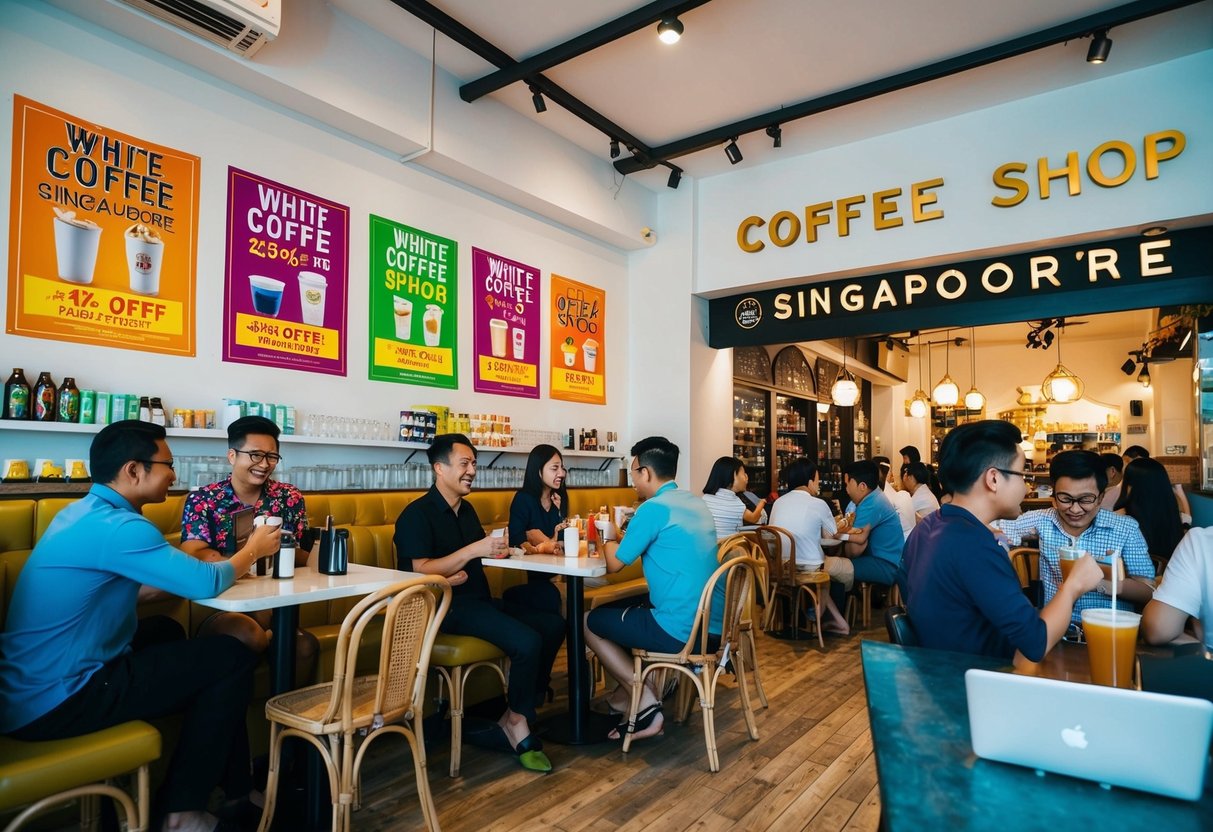 The bustling old town white coffee shop in Singapore, with colorful promotional posters adorning the walls and customers enjoying discounted drinks
