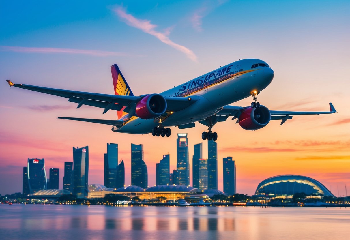 A vibrant airplane flying over the iconic Singapore skyline at sunset