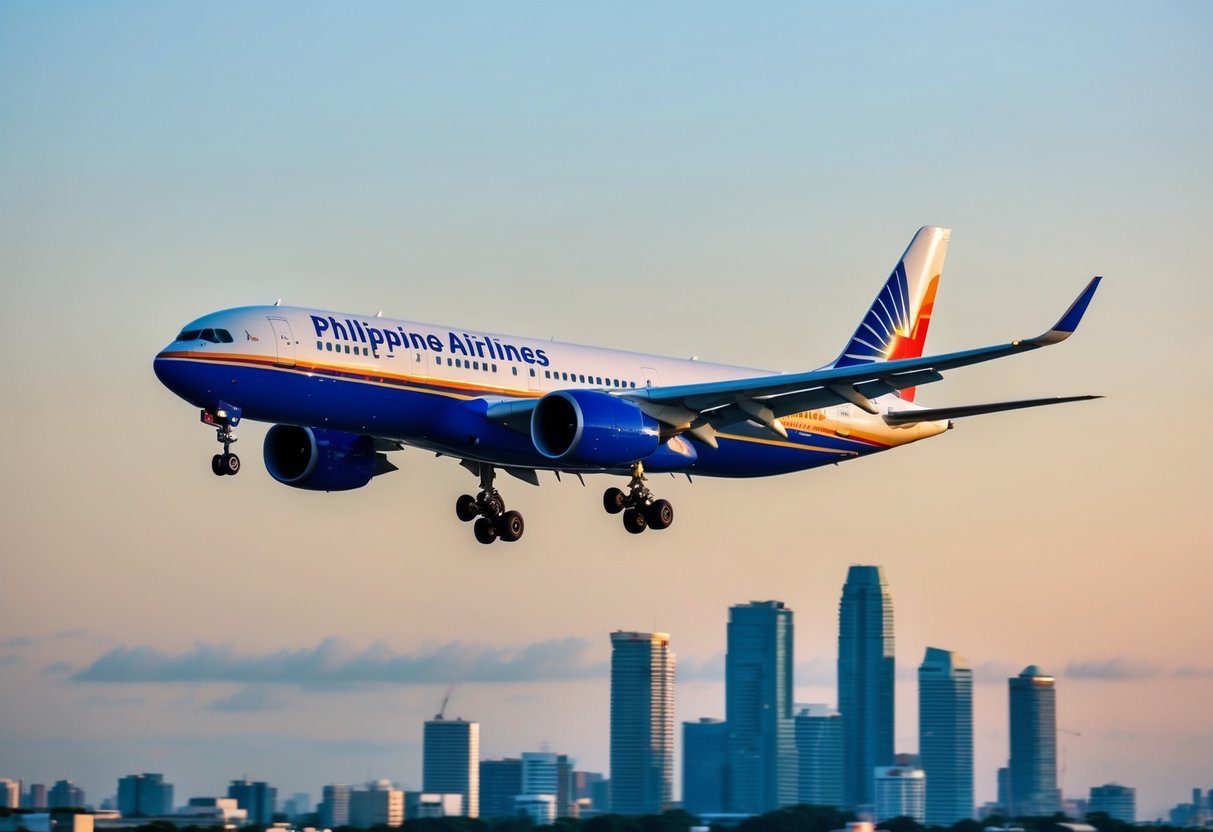 A vibrant airplane flying over a city skyline, with the Philippine Airlines logo prominently displayed