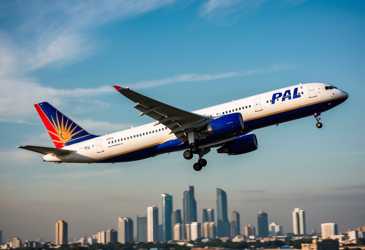 A vibrant airplane flying over a city skyline with a prominent PAL (Philippine Airlines) logo displayed