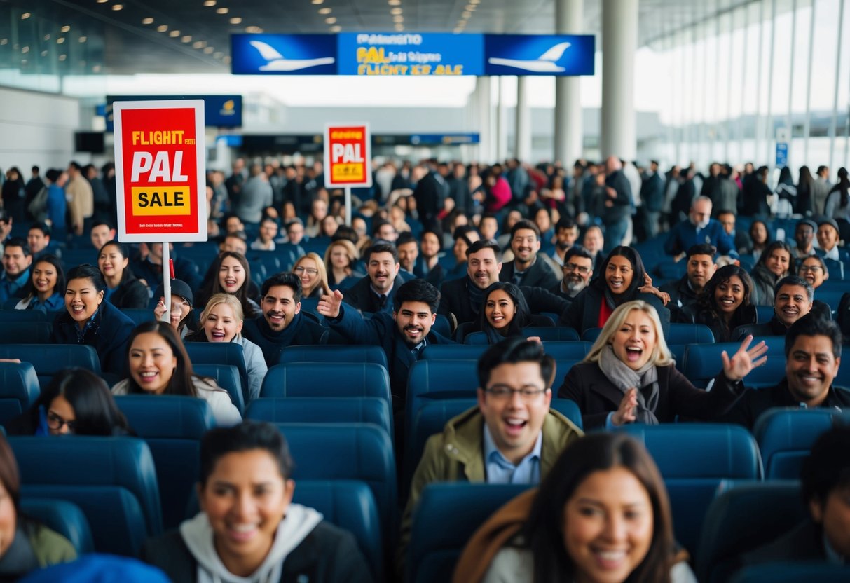 Passengers rushing to grab seats on a PAL flight sale. A crowded airport terminal with excited travelers and a prominent PAL promotion sign