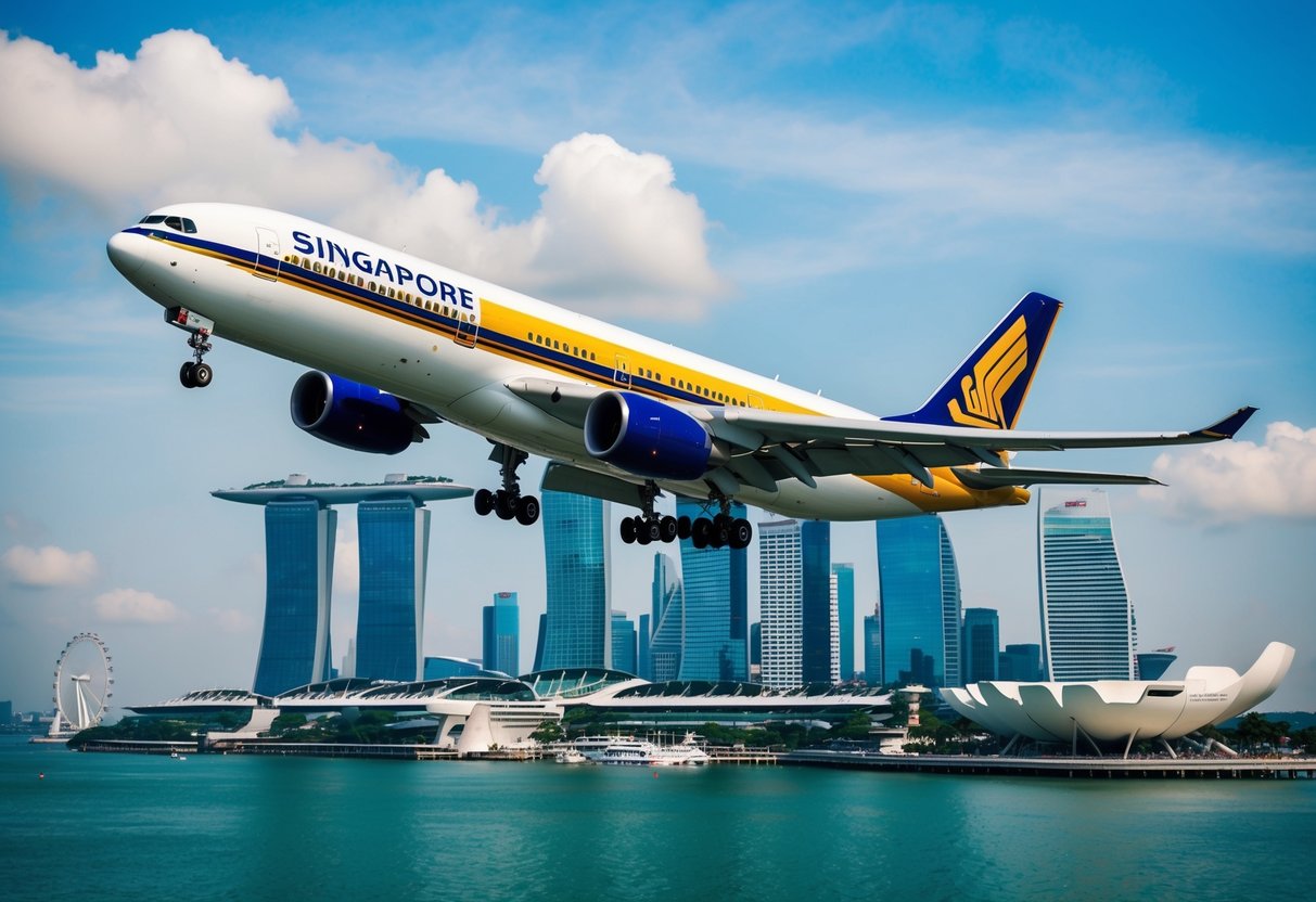 A colorful airplane flying over the iconic skyline of Singapore, with the famous Marina Bay Sands and the Singapore Flyer visible in the background