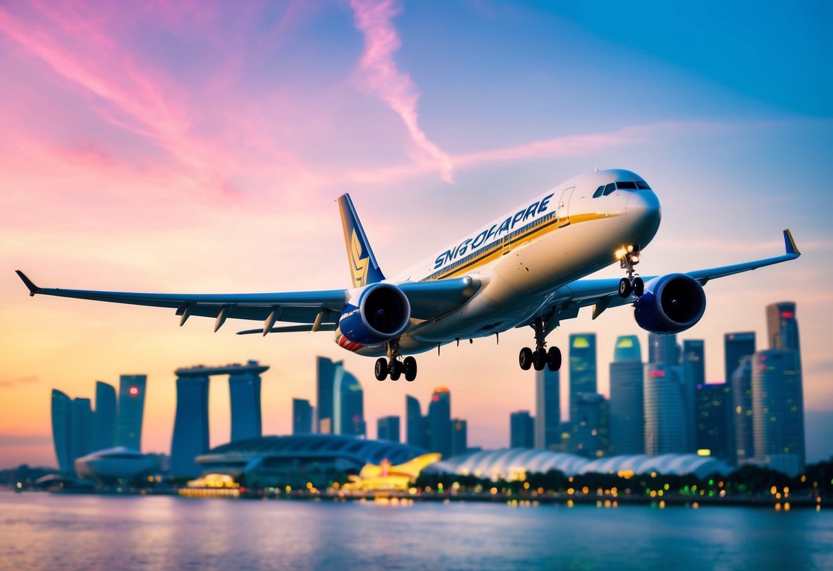 A vibrant airplane flying over iconic Singapore landmarks