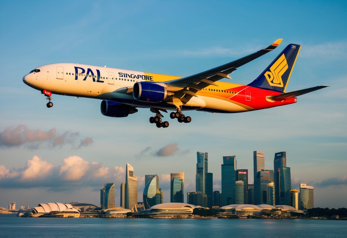 A vibrant airplane flying over the iconic skyline of Singapore, with the PAL logo prominently displayed on the aircraft's tail