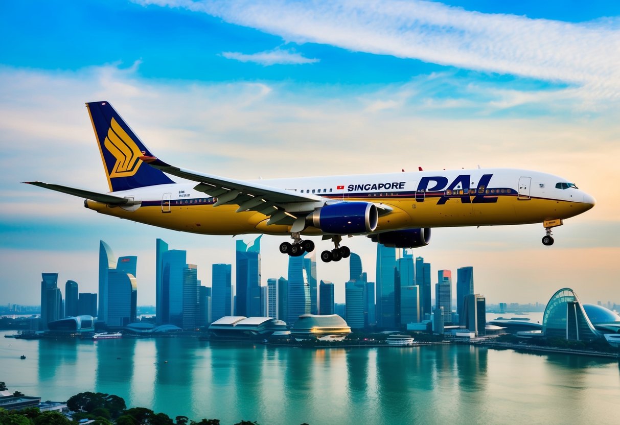 A vibrant airplane flying over the iconic skyline of Singapore, with the PAL logo prominently displayed on the aircraft