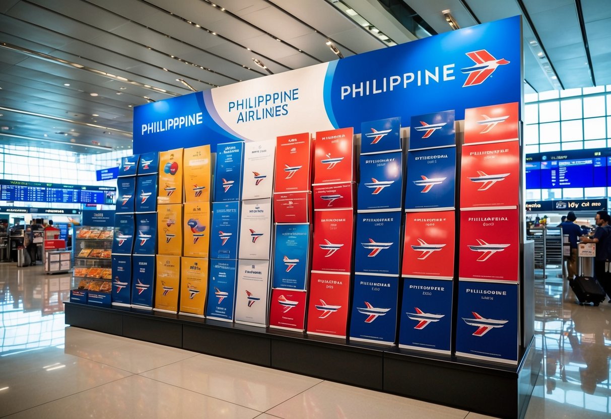 A colorful display of promotional materials for Philippine Airlines in a bustling Singapore airport