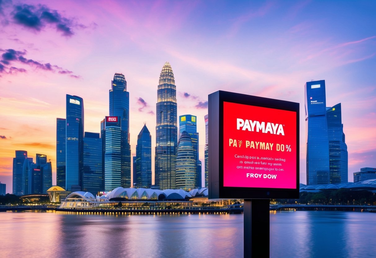 A vibrant cityscape with iconic Singapore landmarks and a prominent PayMaya promotion displayed on a digital billboard