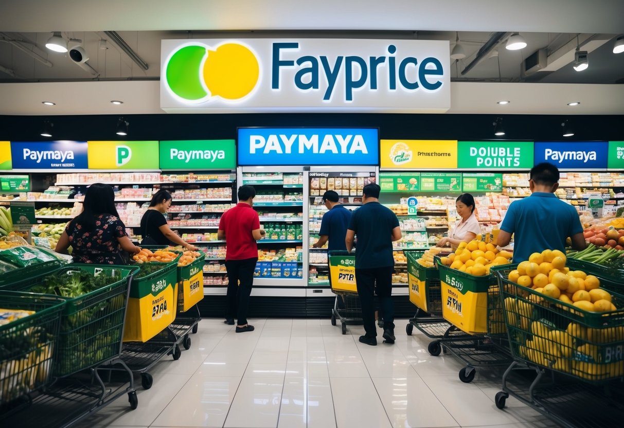 A bustling grocery store with a prominent PayMaya promotion display and customers using the app to earn double points at FairPrice in Singapore