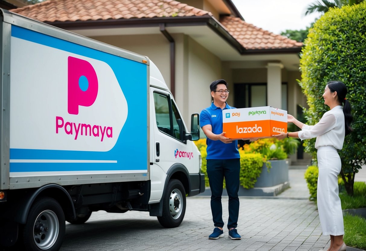 A delivery truck parked outside a house, with a PayMaya logo on the side, and a Lazada package being handed to a smiling customer