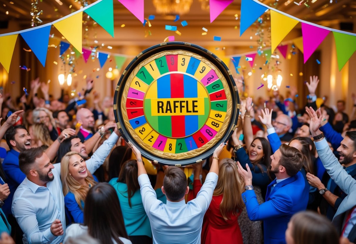 A festive scene with colorful banners, confetti, and a giant raffle drum surrounded by excited participants