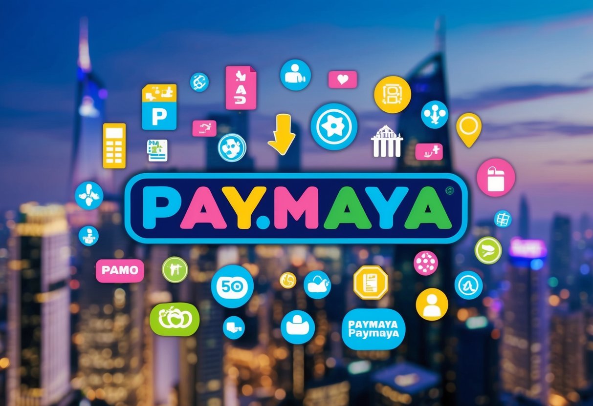A colorful PayMaya logo surrounded by various promotional symbols and icons against a modern city skyline backdrop