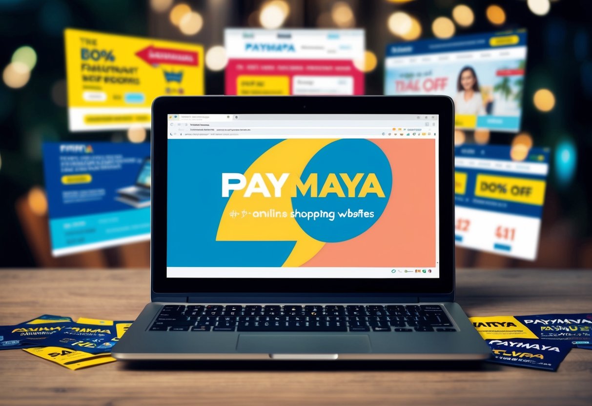 A laptop displaying the PayMaya logo with various online shopping websites open in the background, surrounded by promotional banners and discount codes