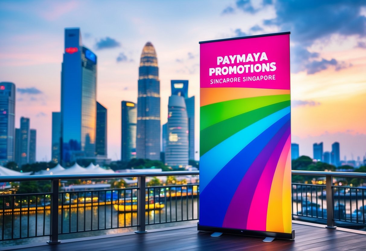 A colorful digital banner featuring PayMaya promotions in a bustling Singapore cityscape