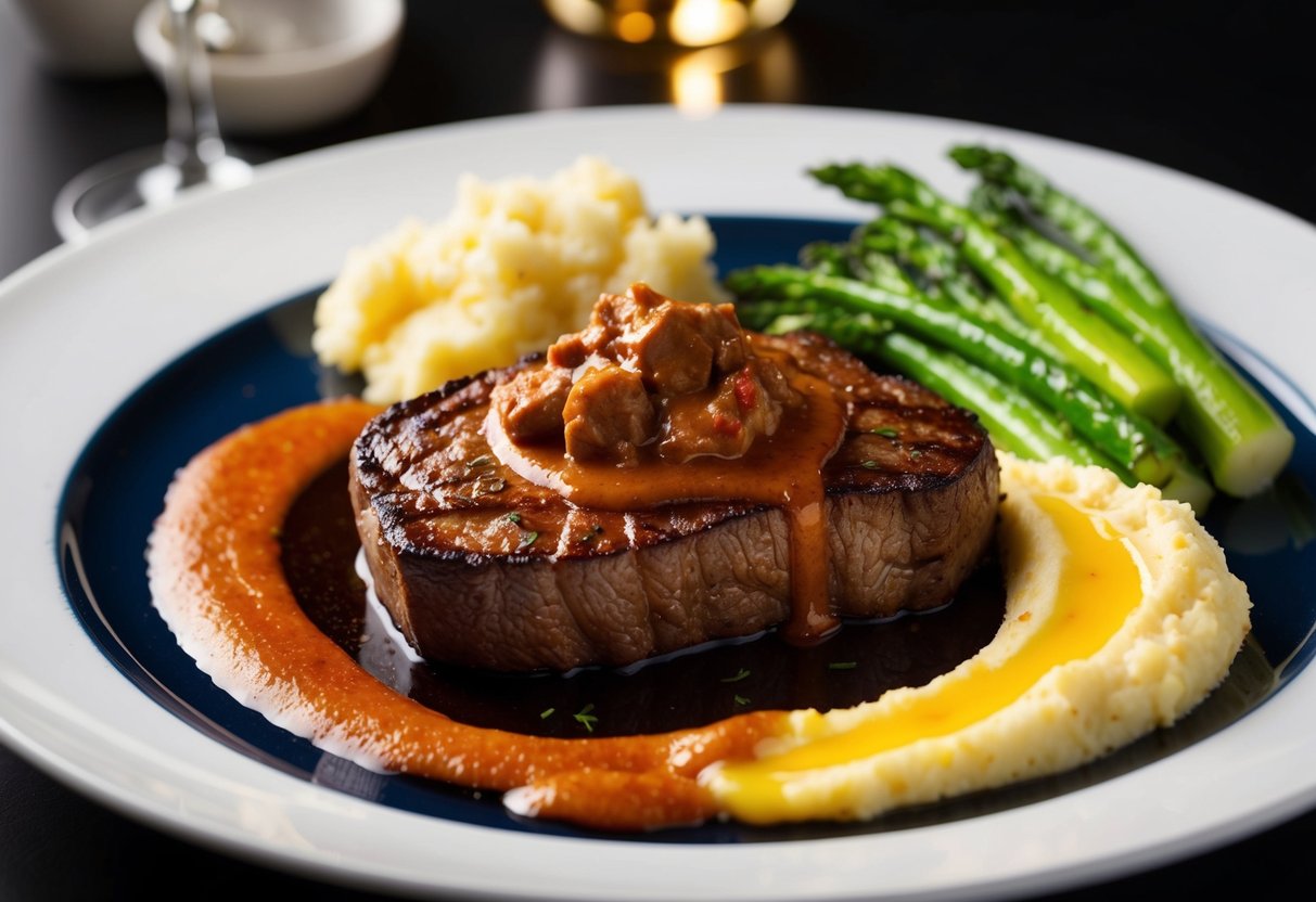 A sizzling steak on a hot plate, surrounded by a side of buttery mashed potatoes and steamed vegetables, all topped with a rich, savory sauce