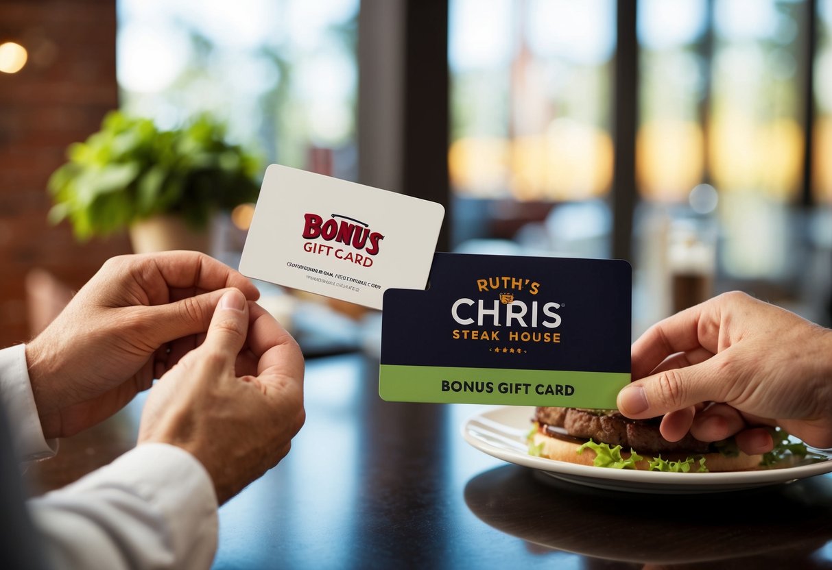 A customer receiving a bonus gift card with their purchase at Ruth's Chris Steak House