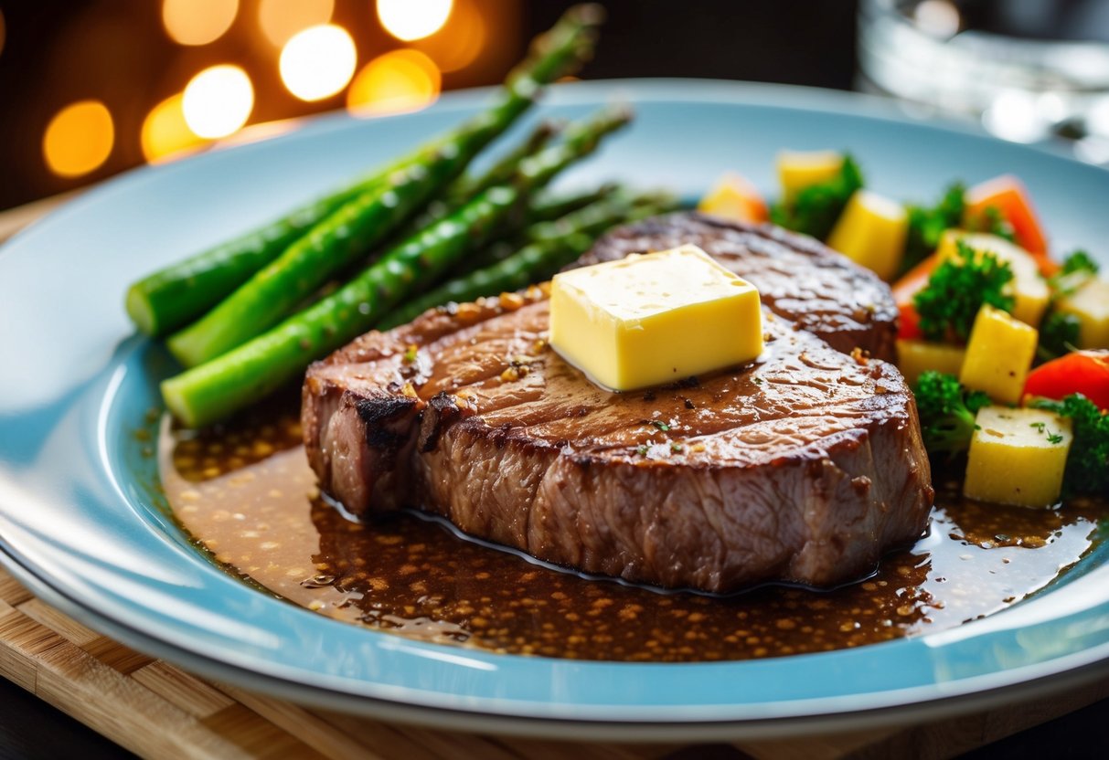 A sizzling steak on a sizzling plate, surrounded by a side of sizzling vegetables and a glistening pat of butter