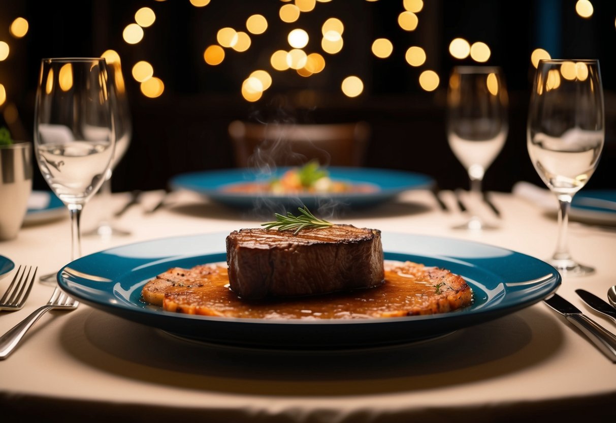 A sizzling steak on a hot plate surrounded by elegant table settings and dim lighting