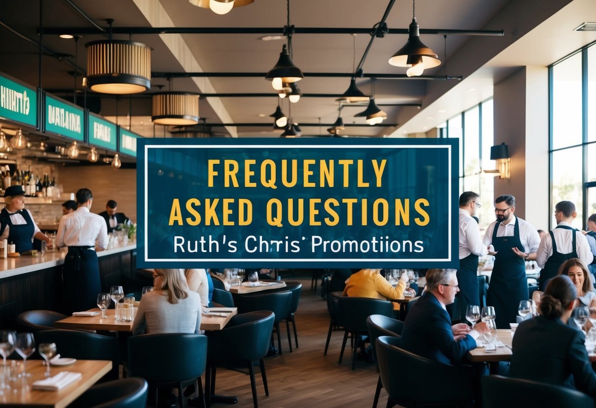 A bustling restaurant with a "Frequently Asked Questions" section showcasing Ruth's Chris promotions. Tables and chairs fill the space, waitstaff attend to guests