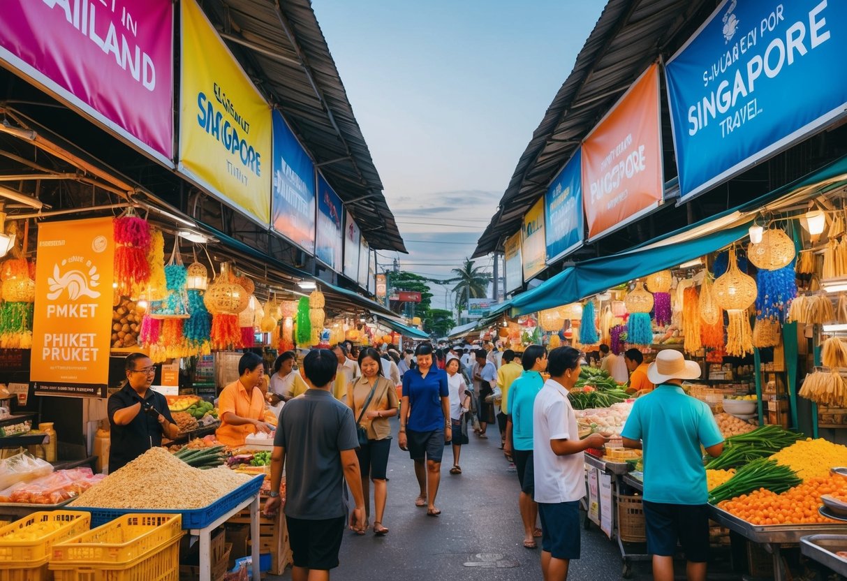 A vibrant street market in Phuket, Thailand, with colorful banners and bustling activity, advertising promotions for Singapore travel