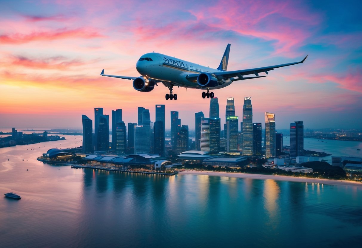 A plane flying over the iconic skyline of Singapore towards the beautiful beaches of Phuket, with a vibrant sunset in the background