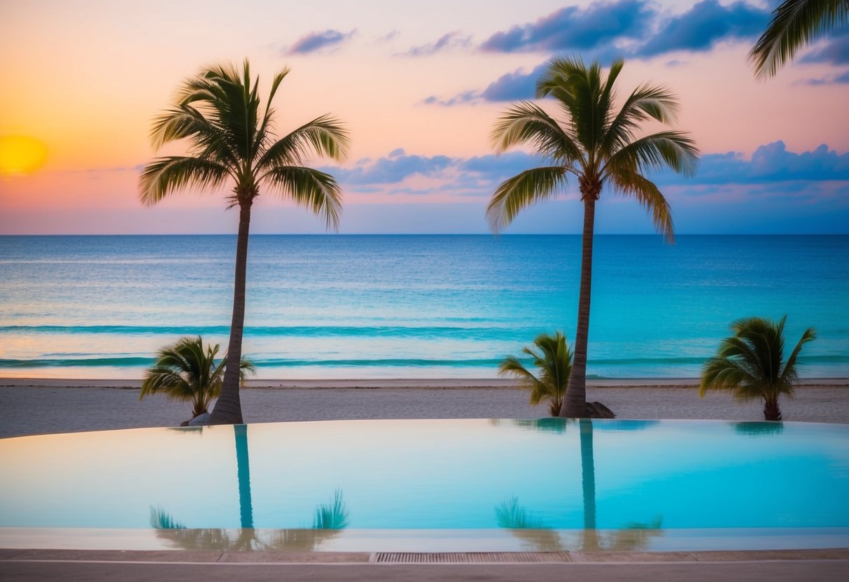 A serene beach with palm trees, crystal-clear waters, and a colorful sunset over the horizon