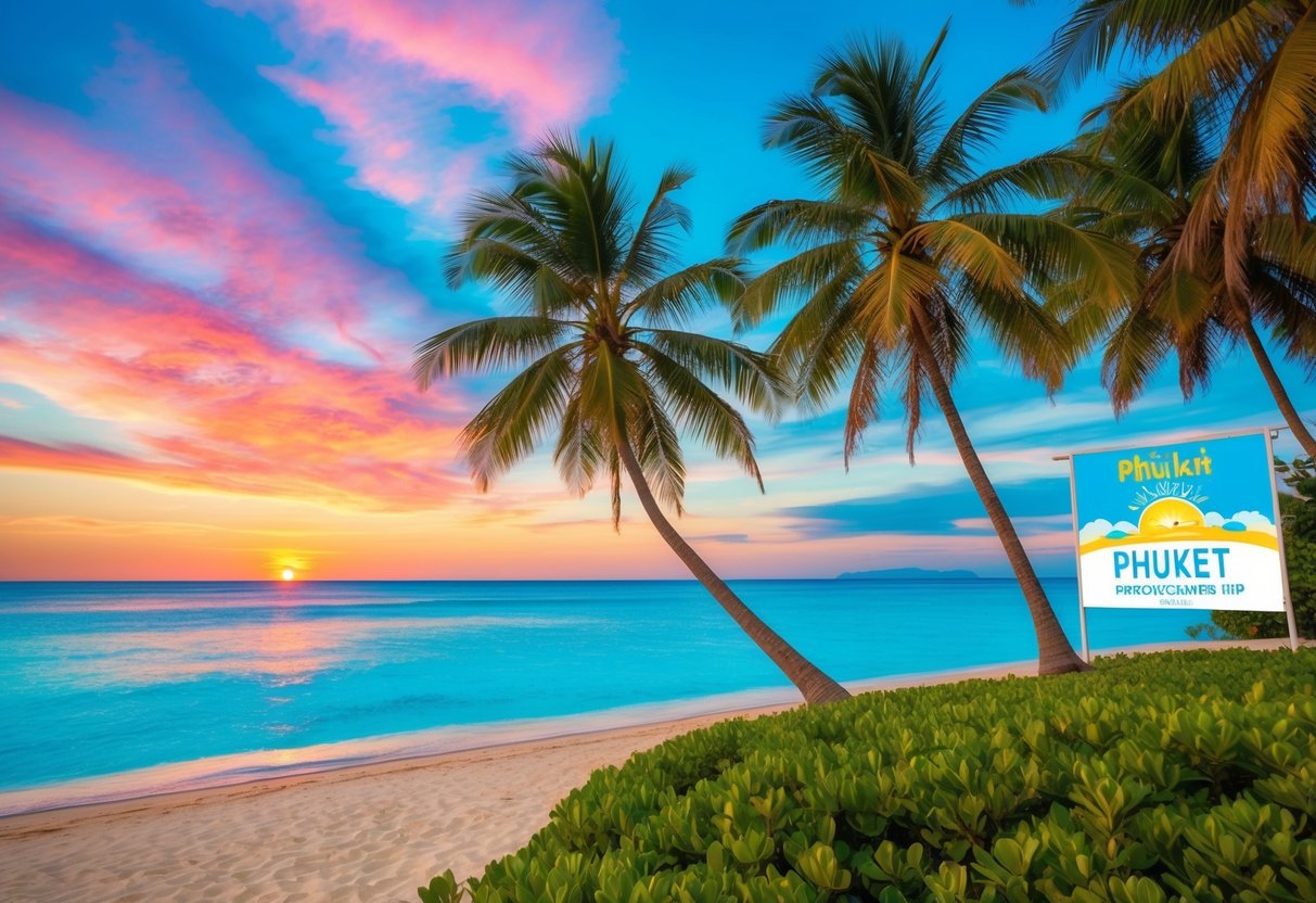 A vibrant beach scene with palm trees, clear blue water, and a colorful sunset sky, with a promotional banner for a Phuket trip in the background