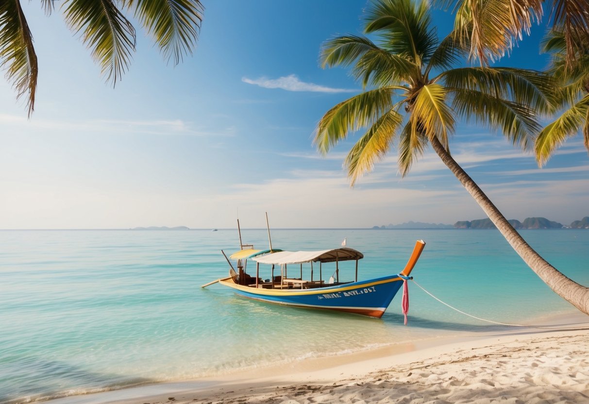A serene beach with crystal-clear waters, palm trees swaying in the gentle breeze, and a colorful longtail boat anchored near the shore